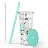 sweet grain Reuasble Boba Kupası, 24 oz Sızdırmaz ve Çift Duvar Yalıtımlı Buzlu Kahve Bardağı, Yeniden Kullanılabilir Plastik Pipetler ve Hasır Temizleyici (Gök Mavisi)