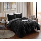 Sweet Home Collection Peluş Shaggy Yorgan Seti, Ultra Yumuşak Lüks Suni Kürk Dekoratif Kabarık Kristal Kadife Yatak Takımı, 2 Şemsiye, Kraliçe, Siyah