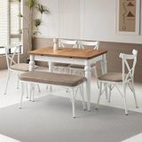 Sweet Home Masa Sandalye Yakamoz Yanlardan Açılır Masa 4 Adet Çapraz Sandalye 1 Adet Çapraz Bench Sandalye Takımı Dişbudak Beyaz