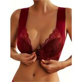 Sweet Sauna Kadın Bonny Push Up Sütyen Önden Agraflı Pedli Bralet Çiçek Desenli Dikişsiz Dantel Detaylı Sütyen - XL - Bordo
