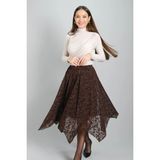 Sweetness Kadın Kahverengi Flok Desenli Şifon Kumaş Parçalı Model Astarlı Etek