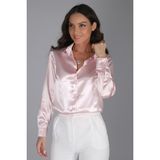 SWEETNESS Kadın Pudra Pembe Saten Uzun Kol Abiye Gömlek - 2XL