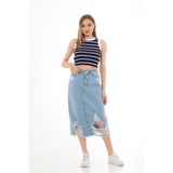 Swet Shop Jeans Kadın Açık Kar Yıkama Lazer Püsküllü Likrasız Kot Etek Açık Mavi L