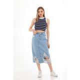 Swet Shop Jeans Kadın Açık Kar Yıkama Lazer Püsküllü Likrasız Kot Etek Açık Mavi XL