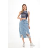 Swet Shop Jeans Kadın Açık Kar Yıkama Lazer Püsküllü Likrasız Kot Etek