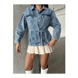 Swet Shop Jeans Kadın Beli Kuşaklı Mavi Kar Yıkama Oversize Kot Ceket