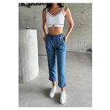 Swet Shop Jeans Kadın İnce Kot Kumaş Beli Lastik Bağlamalı Yüksek Bel Geniş Kesim Cepli Yazlık Pantolon Açık Mavi 46