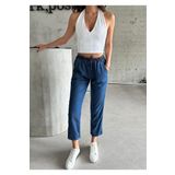Swet Shop Jeans Kadın İnce Kot Kumaş Beli Lastik Bağlamalı Yüksek Bel Geniş Kesim Cepli Yazlık Pantolon Koyu Mavi 38