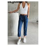 Swet Shop Jeans Kadın İnce Kot Kumaş Beli Lastik Bağlamalı Yüksek Bel Geniş Kesim Cepli Yazlık Pantolon Koyu Mavi 44
