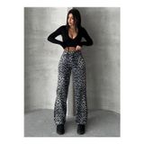 Swet Shop Jeans Kadın Leopar Desenli Yüksek Bel Likralı Geniş Paça Palazzo Pantolon Bej 28