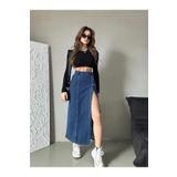 Swet Shop Jeans Kadın Önü Düğmeli Uzun Boy Koyu Mavi Likralı Kot Etek