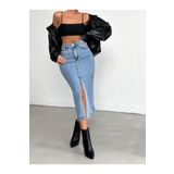Swet Shop Jeans Kadın Yırtmaçlı Midi Boy Buz Mavi Kar Yıkama Likralı Denim Etek Açık Mavi L