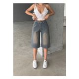 Swet Shop Jeans Kadın Yüksek Bel Soluk Efektli Vintage Bol Kesim Geniş Paça Baggy Denim Bermuda Şort Koyu Mavi 42