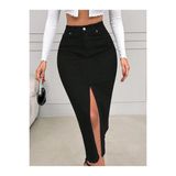 Swet Shop Jeans Kadın Yüksek Bel Yırtmaçlı Midi Boy Siyah Likralı Denim Etek Siyah L