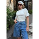 Swist Beyaz Bisiklet Yaka Yarasa Kol Bel Drape Kadın Crop Bluz