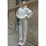 Swist Beyaz Felpa Kapüşonlu Sweatshirt-Eşofman İçi Şardonlu Kadın Eşofman Takımı