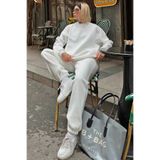 Swist Beyaz Pow Bisiklet Yaka Sweatshirt-Eşofman İçi Şardonlu Kadın Eşofman Takımı