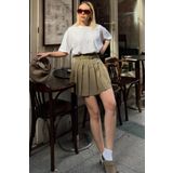 Swist Haki Full Pileli Kemerli Astar Şortlu Kadın Mini Etek