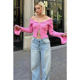 Swist Pembe Ispanyol Kol Degaje Yaka Fermurlı Örme Kadın Triko Crop Kazak - Standart