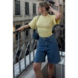 Swist Sarı Bisiklet Yaka Yarasa Kol Bel Drape Kadın Crop Bluz