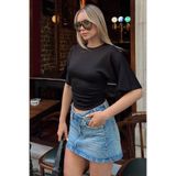 Swist Siyah Bisiklet Yaka Yarasa Kol Bel Drape Kadın Crop Bluz