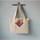 Swita Punch Işlemeli Desenli Keten Omuz Çantası, Plaj Çantası, El Çantası %100 Pamuk 36X29 cm - Kahverengi