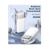 Sword 30000 Mah PD 22.5 W Hızlı Şarj Kendinden Kablolu Type-C & Lightning Powerbank Beyaz SW-30PO3