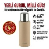 Sword Bej Sütlü Kahve Çelik Termos, 1.5 Litre, 24 Saat Sıcak, 48 Saat Soğuk, 72 Saat Buz Saklama, Yerli Üretim Kamp Termosu