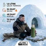 Sword Çelik Termos, Dark Green Koyu Yeşil, 1.5 Litre, 24 Saat Sıcak, 48 Saat Soğuk, 72 Saat Buz Saklama, Yerli Üretim Kamp Termosu