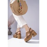 Sy Leather Betty Model Hakiki Deri Delikli Bilekten Tokalı Platform Kalın Topuklu Kadın Sandalet - Toprak