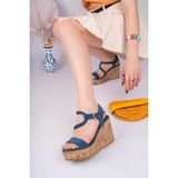 Sy Leather Jasmin Model Hakiki Deri Saç Örgü Detaylı Platform Dolgu Topuklu Tokalı Sandalet - Kot Mavi
