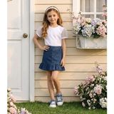Sy Store Fırfır Detaylı Kot Etek & Tül Kollu Tişört Kız Çocuk Kombini - 4 - 5 Yaş - Beyaz - Kot Mavisi