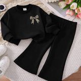 Sy Store Kız Çocuk Leopar Fiyonk Baskılı Sweatshirt & Ispanyol Paça Eşofman Takımı - 2 - 3 Yaş - Siyah