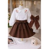 Sy Store Kız Çocuk Nakış Detaylı Bluz & Fiyonklu Etek Takım - 9 - 10 Yaş - Kahverengi