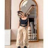 Sy Store Kız Çocuk Nakış Detaylı Crop Top ve Geniş Paça Pantolon Takımı - 5 - 6 Yaş - Siyah - Bej