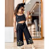 Sy Store Kız Çocuk Nakış Detaylı Crop Top ve Geniş Paça Pantolon Takımı - 5 - 6 Yaş - Siyah