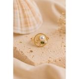 Sylvera Shop Yuvarlak Çerçeveli İncili Yaprak Desenli Vintage Yüzük - Ayarlanabilir (Gold Renk)