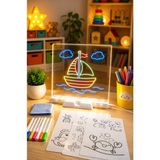 Syn Aksesuar 20X20 cm LED Işıklı Çizim ve Boyama Tahtası – Eğitici Çocuk Çizim Seti | 6 Adet Kalem, Şablon Kartları ve Silme Bezi - Beyaz