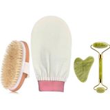 Syn Aksesuar 3'lü Set Banyo Duş Kesesi Peeling Eldiveni, Doğal At Kılı Fırçası Doğal Taş Yüz Bakım Taşı - 3'lü süper set Doğal taşın yanında kalp yeşim taşı geliyordur