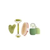 SYN AKSESUAR 4'LÜ Set Buz Küpü, At Kılı Fırçası, % 100 Doğal Taş Gua Sha, Yüz Bakım Taşı Yeşim, Cilt Bakım seti