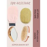 Syn Aksesuar 4'lü Set Ipek Kese Peeling Eldiven, Kabak Lifi, Epilatör Tüy Silgisi, Doğal At Kılı Fırçası