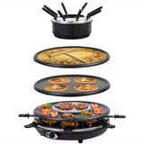 Syntrox Almanya 8 Kişilik Fondü ile 4'ü 1 Arada Raclette, Sıcak Taşlı Masa Izgarası, Krep ve Krep Tabağı, 8 Tava, 1350 W, Yapışmaz Kaplamalı, Siyah