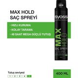 Syoss Max Hold Saç Spreyi, 400 ml, Hızlı Kuruma, Kolay Taranma, 48 Saat Mega Güçlü Tutuş