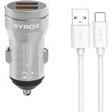 Syrox SC20T 3.1A Q.C. 3.0 1 mt USB-A Type-C Kablolu 2XUSB-A Port Çıkışlı Hızlı Gri Araç Şarj Cihazı