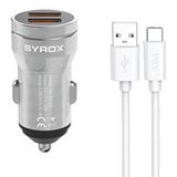 SYROX Syrox Sc20t 3.1a Q.c. 3.0 1mt Usb-a - Type-c Kablolu 2xusb-a Port Çıkışlı Hızlı Araç Şarj Cihazı - Gri