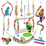 Sysmashing 22 Paket Kuş Muhabbet Kuşu, Papağan Salıncağı Çiğneme Asılı Oyuncak, Güvenli Zilli, Kuş kafesi Renkli Tırmanma Halatı Doğal Ahşap Merdiven Bungee Oyuncakları