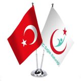 T.C. Sağlık Bakanlığı ve Türkiye - İkili Paslanmaz Metal Krom Direkli Saten Masa Bayrağı