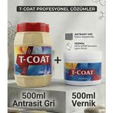 T-Coat Yeni Nesil Dönüşüm Boyası(Antrasit Gri 500ML+500ML Vernik) Ahşap-Cam-Plastik-Duvar-Fayans-Dolap