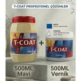 T-COAT Yeni Nesil Dönüşüm Boyası(Mavi 500ML+500ML Vernik) Ahşap-Cam-Plastik-Duvar-Fayans-Dolap