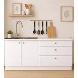 T Designo Barkın Alt Modül-Çok Amaçlı Dolap -160 cm -2 Kapaklı-3 Çekmeceli-Laminat Beyaz Tezgah Dahil